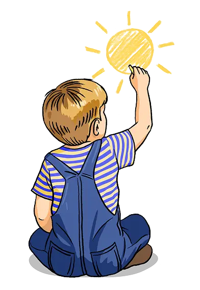 Niño tocando un sol ilustrado