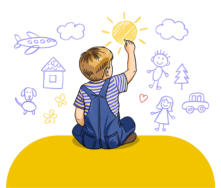 Niño tocando un sol ilustrado